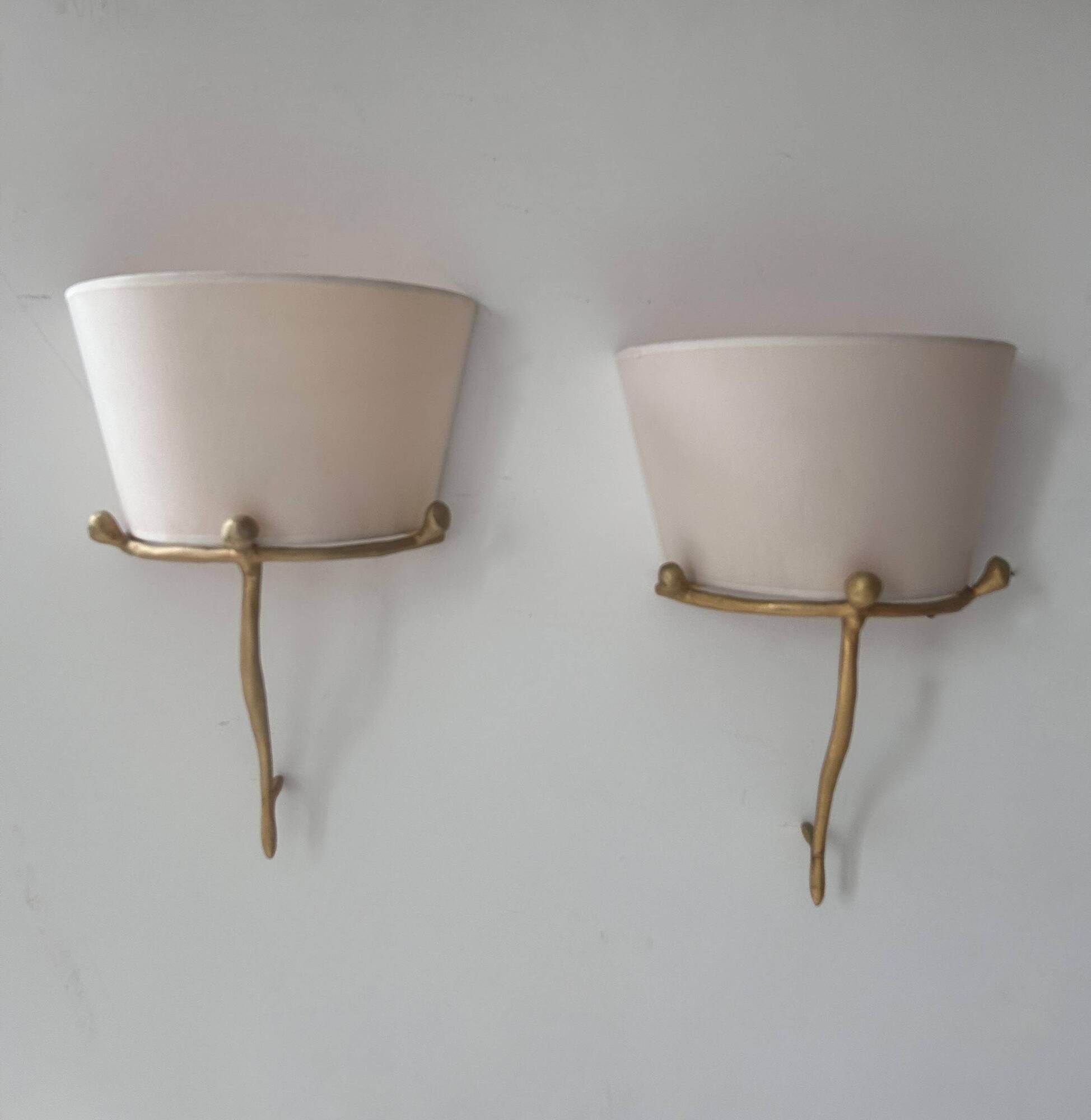 Pair of vintage wall lights, solid brass and ecru fabric, France 1980