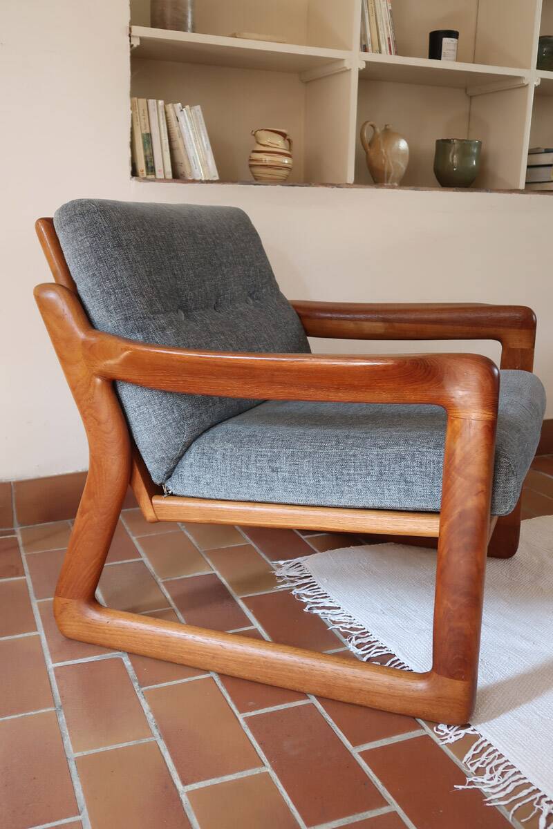 Scandinavian armchair teak Komfor blue-grey fabric 60's sled base