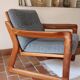 Scandinavian armchair teak Komfor blue-grey fabric 60's sled base