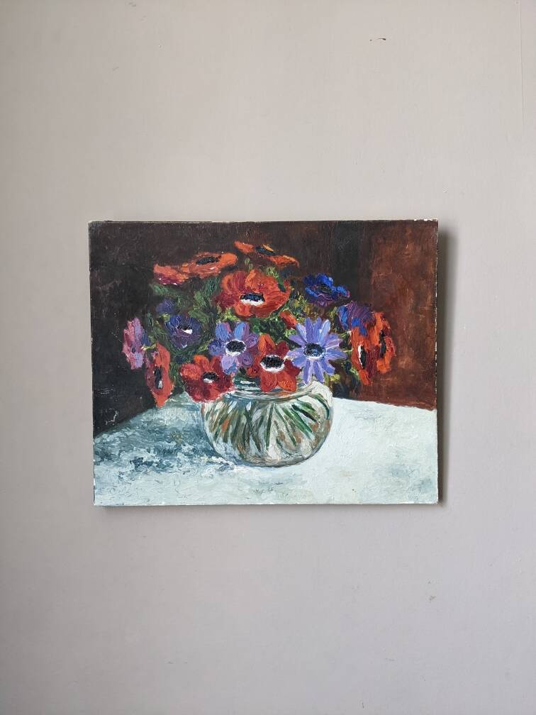 Antique painting still life old acrylic on canvas bouquet of flowers