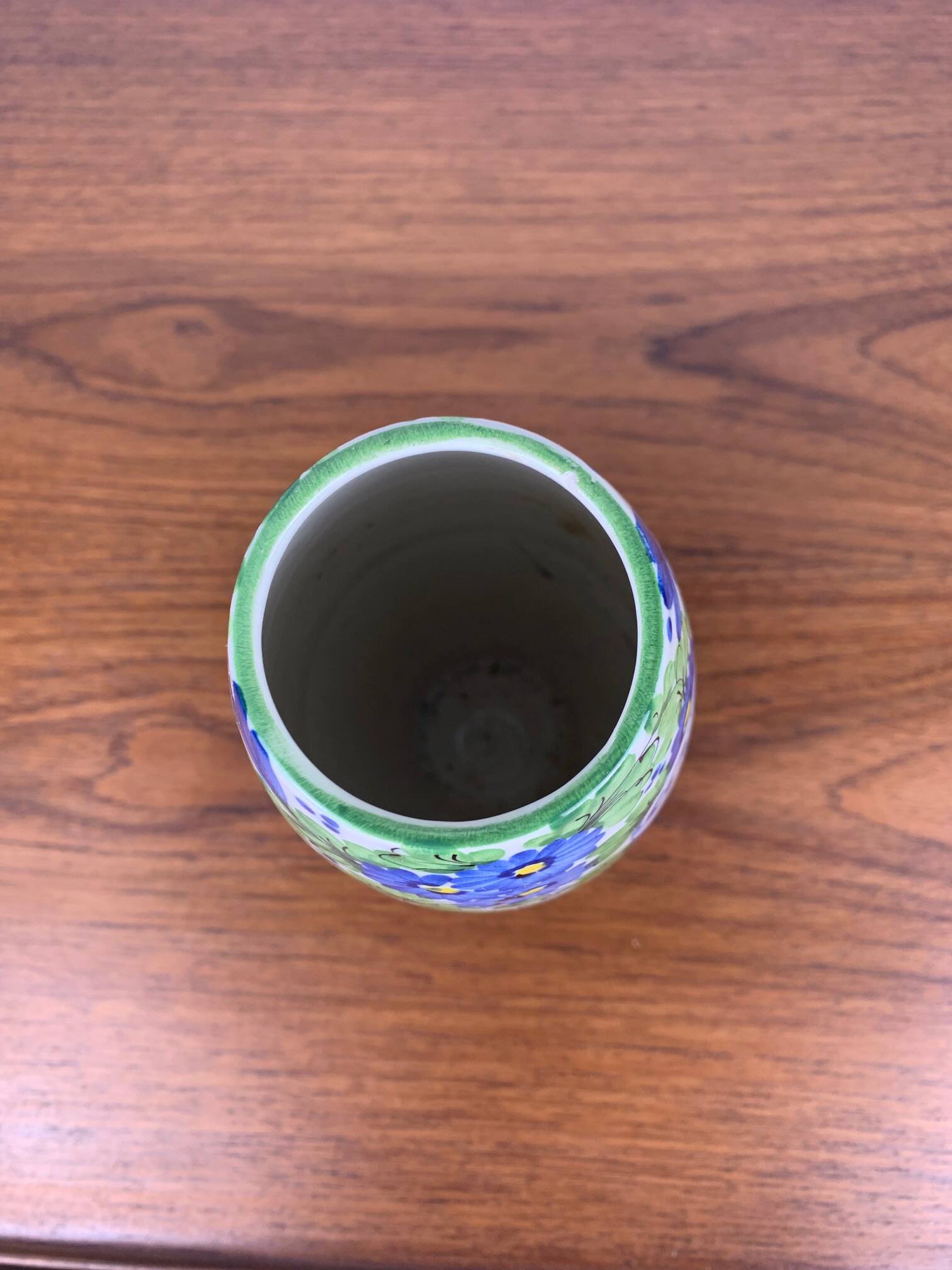 Italian San Marino Titano Vase, Green and Blue Floral Pattern, MCM