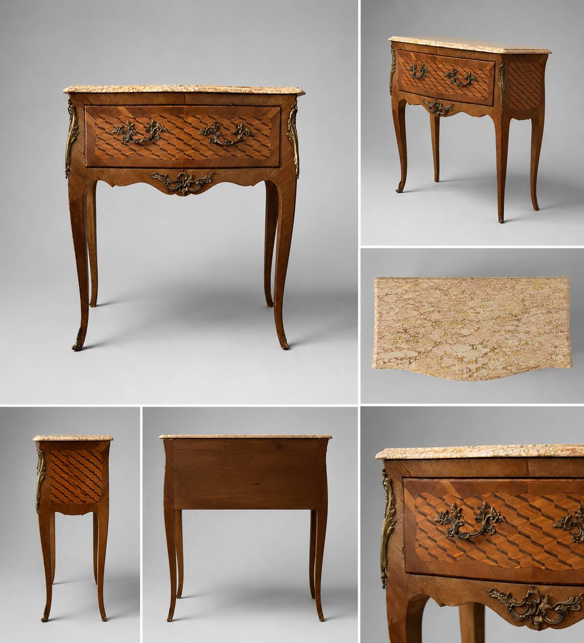 Small jump commode in Louis XV style with marquetry and marble.