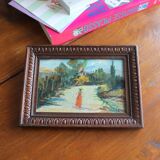 Petite huile sur panneau paysage et femme ancien