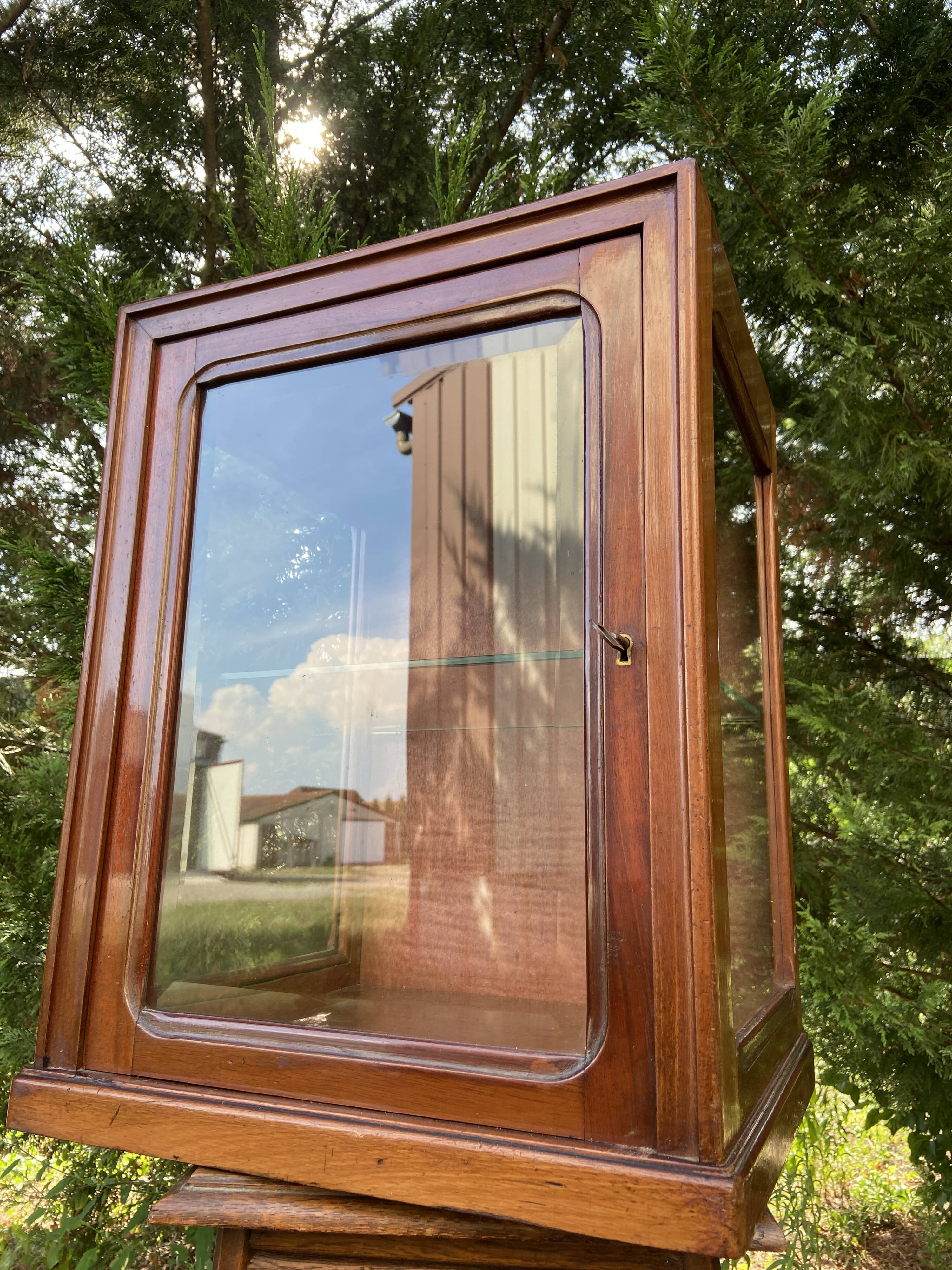 Small 1930s mahogany display cabinet, art deco apothecary cabinet