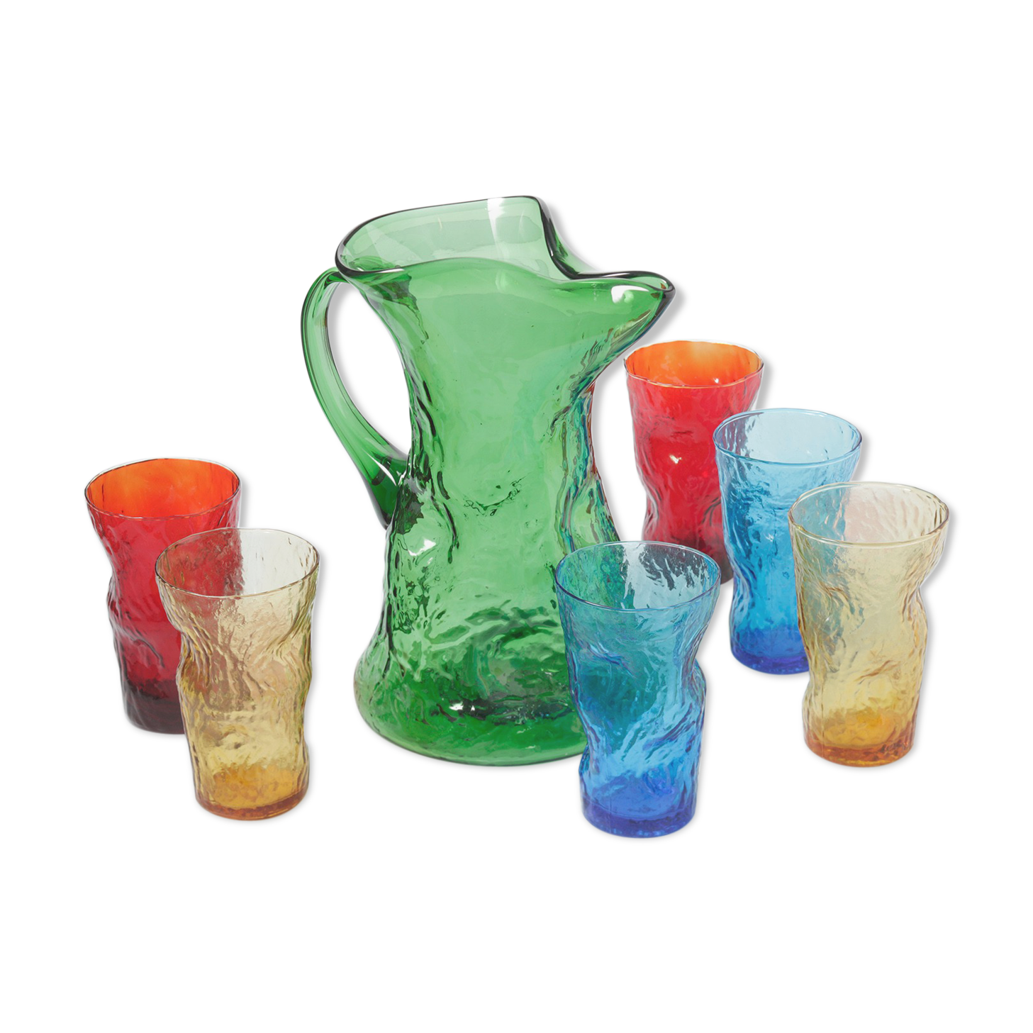 Carafe and 6 zoomorphic glasses in colored molded glass