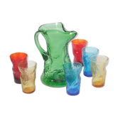 Carafe and 6 zoomorphic glasses in colored molded glass