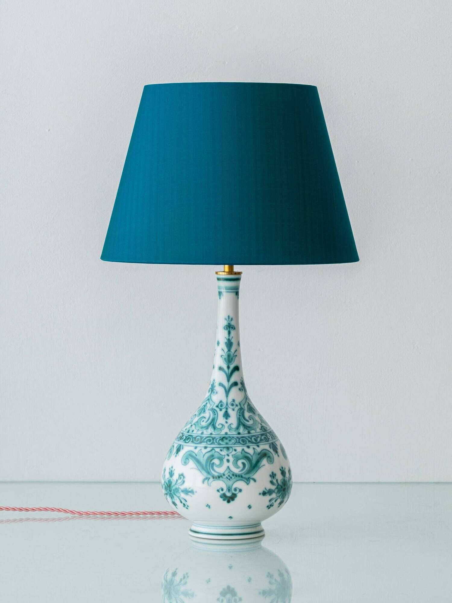 Vintage Royal Delft Ceramic Table Lamp, Rare Teal Delvert Glaze, New Lampshade