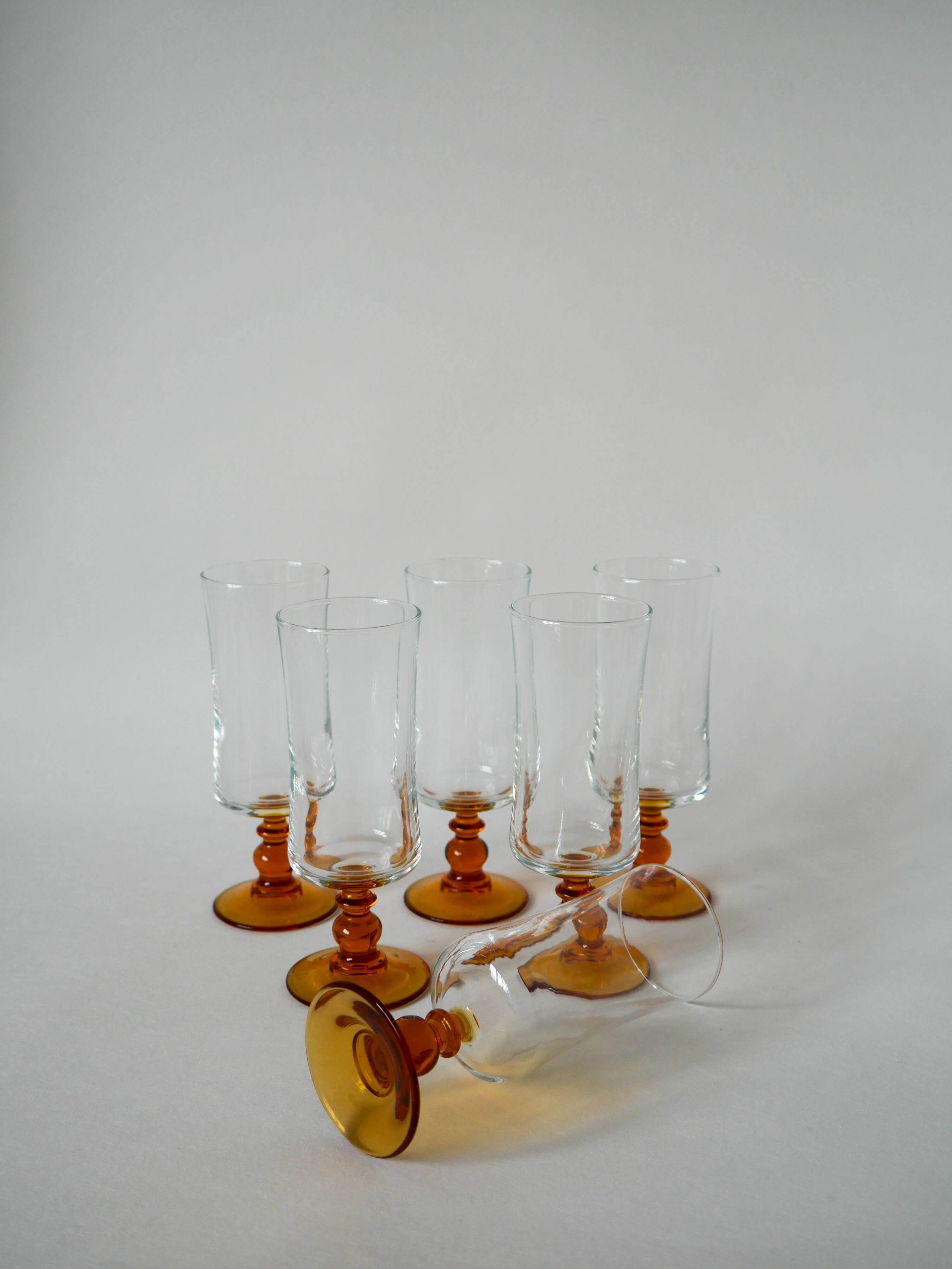 set of 6 vintage amber-footed champagne flutes 1970