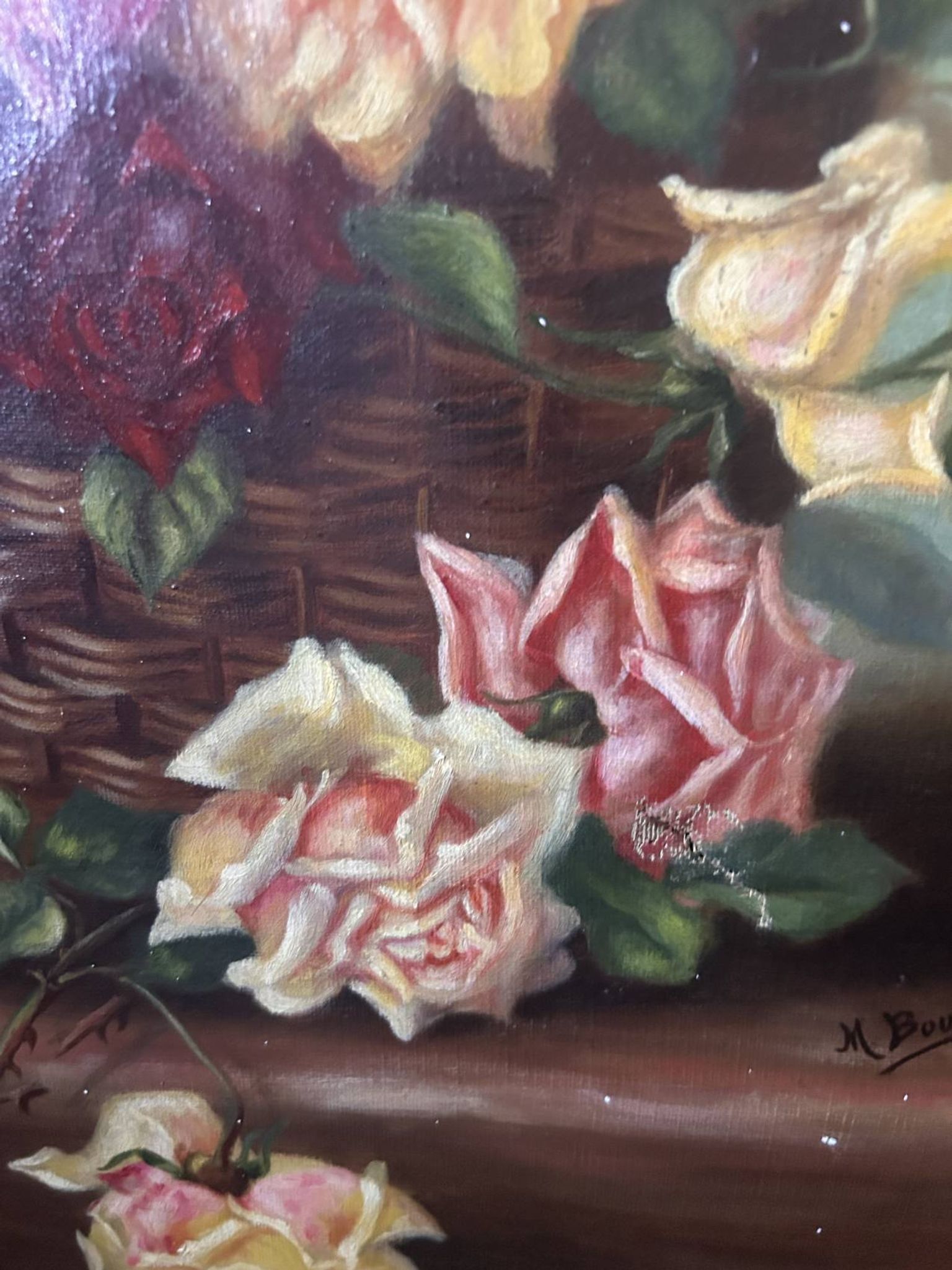 Large antique painting with roses – Oil on canvas from the 1900s – 40 x 102 cm – a large decorative format