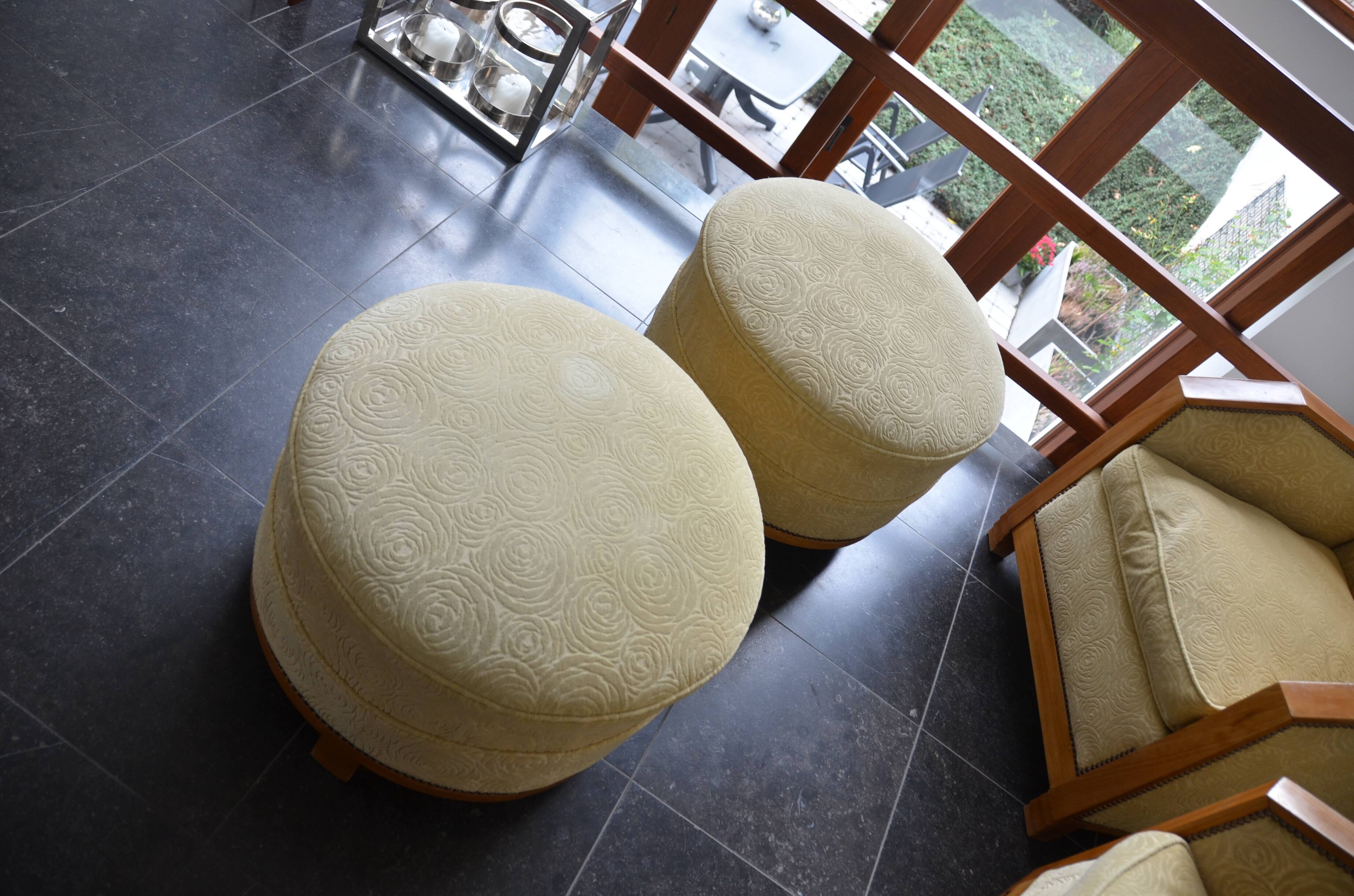 Pair of Art Deco armchairs and poufs
