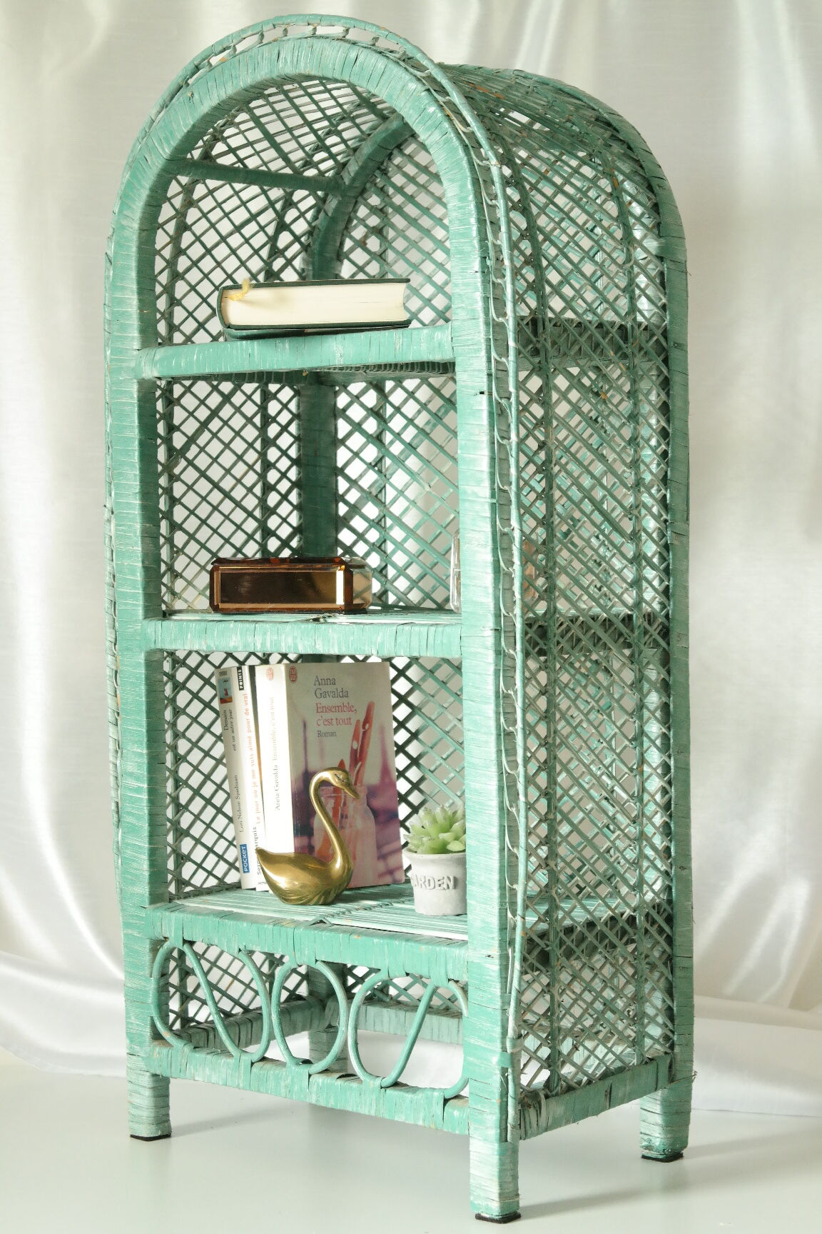 Vintage mint green wicker bookcase