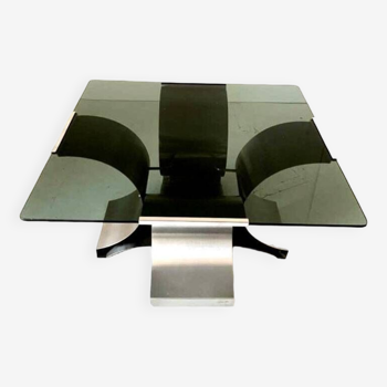 Table basse en verre fumé et aluminium années 1970