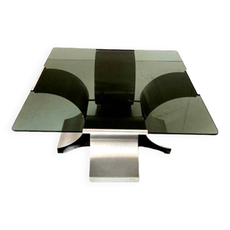 Table basse en verre fumé et aluminium années 1970