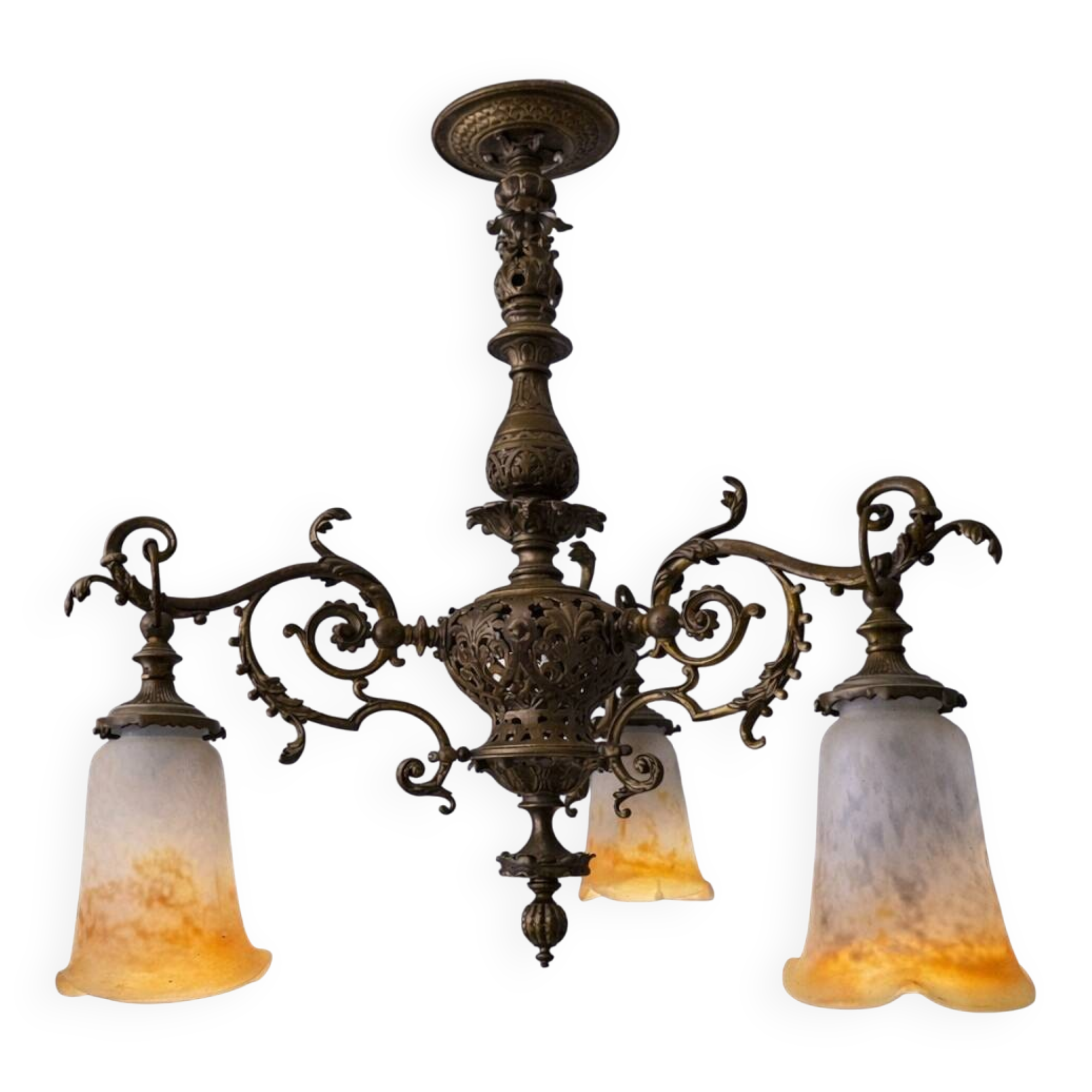 Antique Art Nouveau lustre in gilded bronze with glass pâte de verre tulips signed Muller.