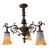 Antique Art Nouveau lustre in gilded bronze with glass pâte de verre tulips signed Muller.