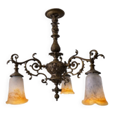 Antique Art Nouveau lustre in gilded bronze with glass pâte de verre tulips signed Muller.