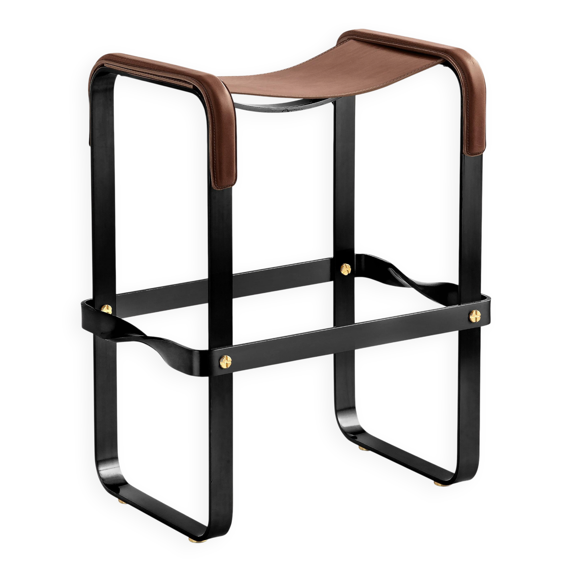 Tabouret de bar de cuisine contemporain, métal noir et cuir marron foncé