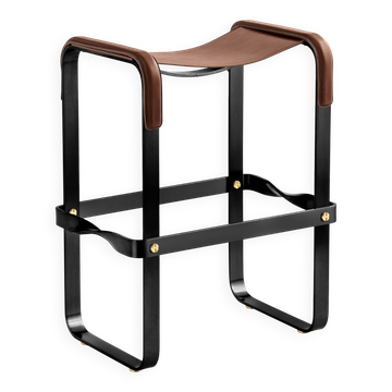 Contemporary kitchen bar stool, black metal and dark brown leather.