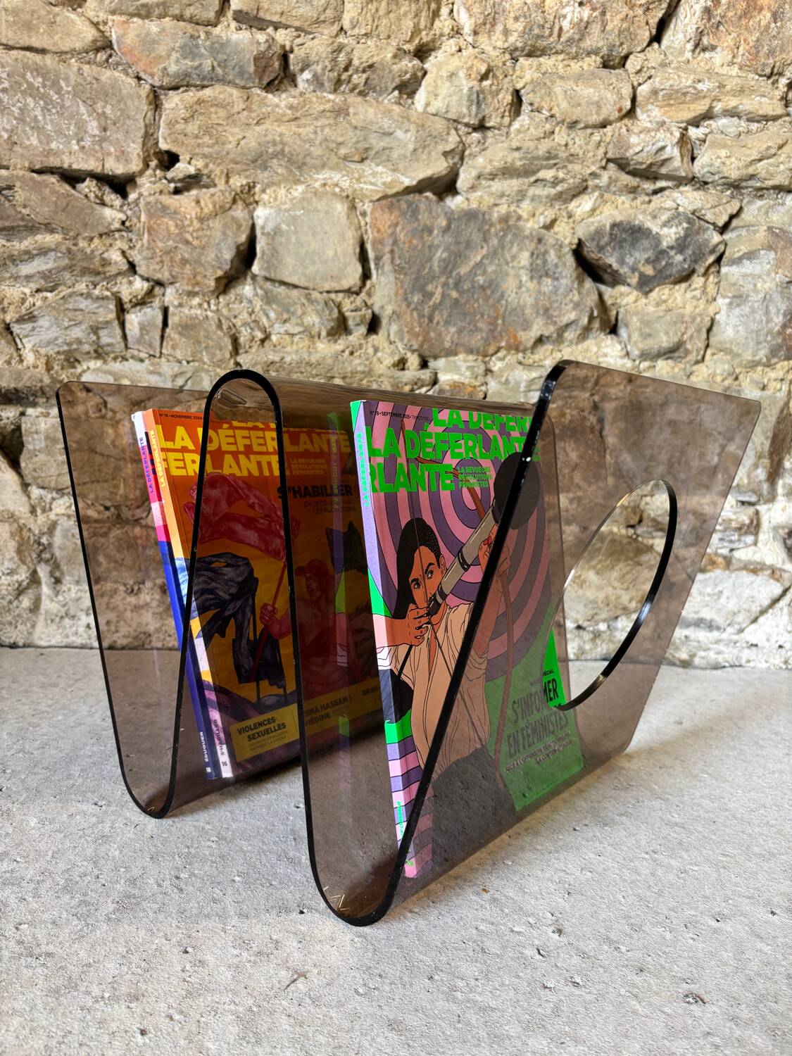 Smoked Plexiglas magazine rack by Michel Dumas for Roche Bobois 1970