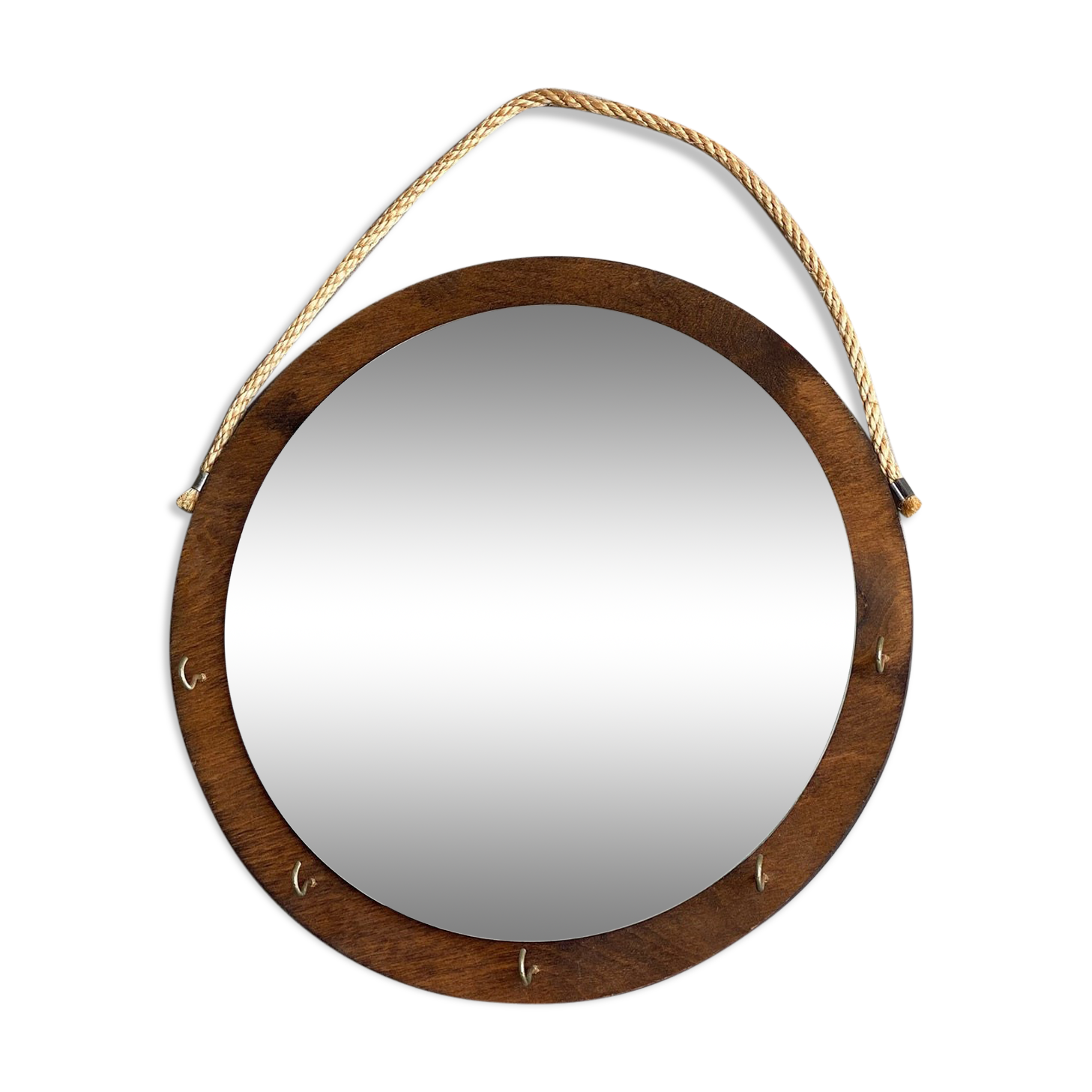 Vintage round wooden wall mirror with hooks