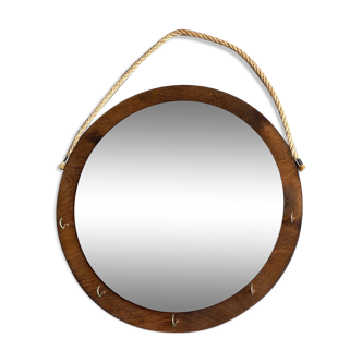 Miroir mural rond en bois vintage avec crochets