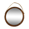 Vintage round wooden wall mirror with hooks