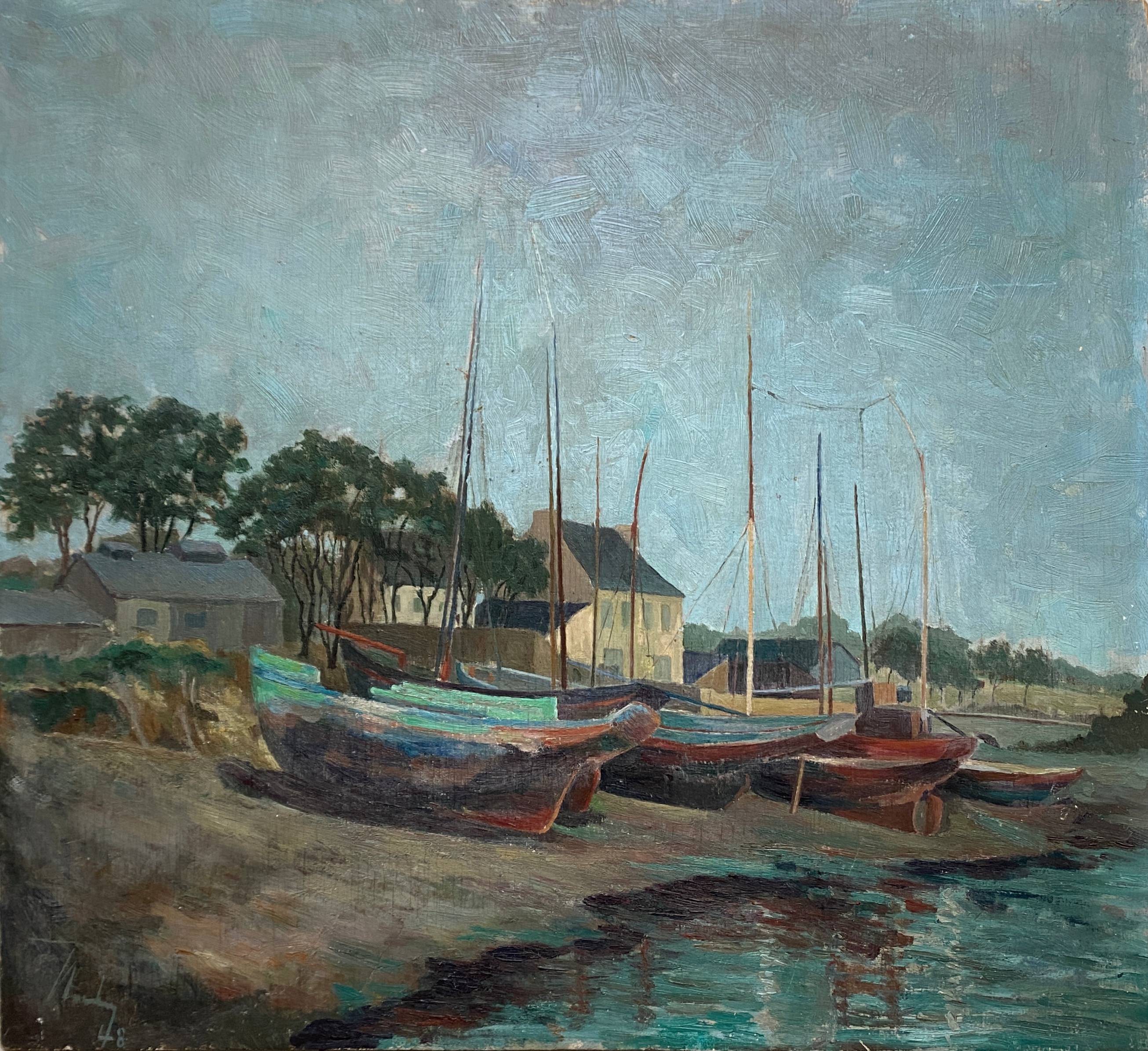 Table "Village and boats by the sea" Marine Bretagne signed 1948