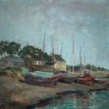 Table "Village and boats by the sea" Marine Bretagne signed 1948