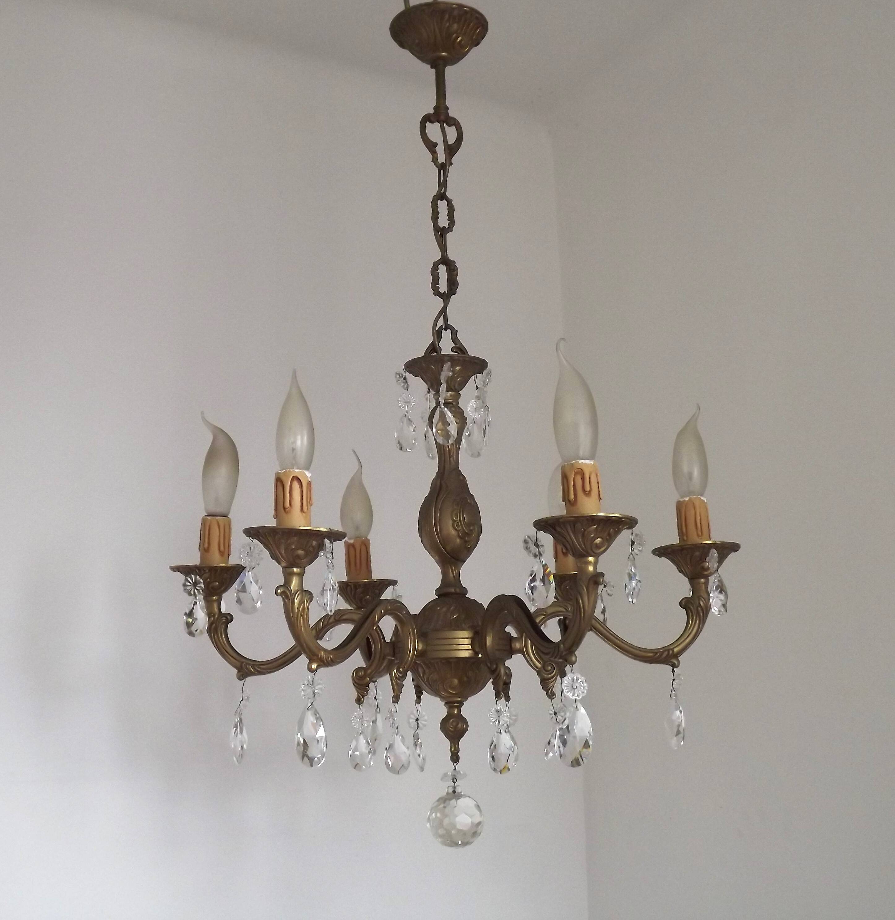 French Mid-Century Bronze 6-Light Chandelier with Crystal Droplets 5491