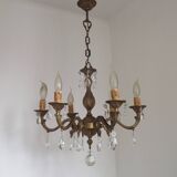 French Mid-Century Bronze 6-Light Chandelier with Crystal Droplets 5491