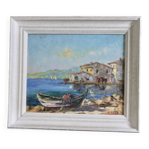 Peinture à l'huile sur panneau de style milieu du siècle « Port avec bâtiments » par B Franco vintage et encadré