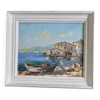 Peinture à l'huile sur panneau de style milieu du siècle « Port avec bâtiments » par B Franco vintage et encadré