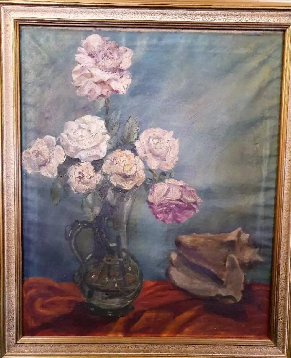 20th century Colorful Flower Bouquet Oil on Canvas Still LIfe