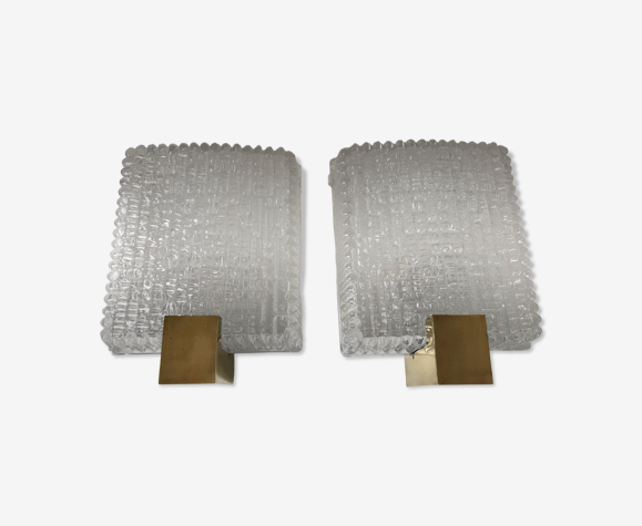 Paire d’appliques dalle de verre et laiton design 70