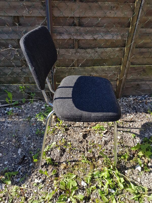 Paire ancienne chaise métal chromé et tissu noir années 70 vintage