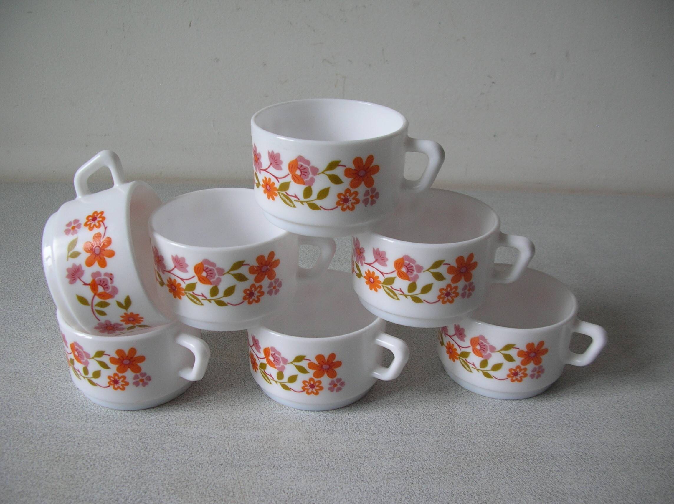 Set of 7 old Arcopal cups scania floral decor 1970s/80s retro kitchen decor