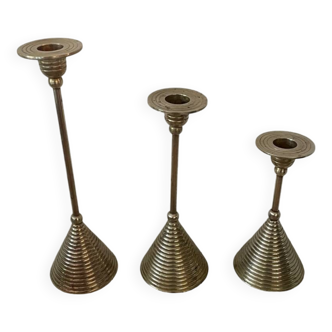 Set of three vintage brass candle holders