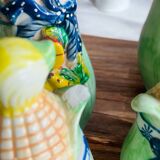 Vintage ceramic condiment set, barbotine: Salt, pepper, sugar, oil and vinegar