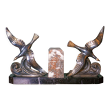 Pair of art deco seagull bookends in regulates and marble, bookcase, desk