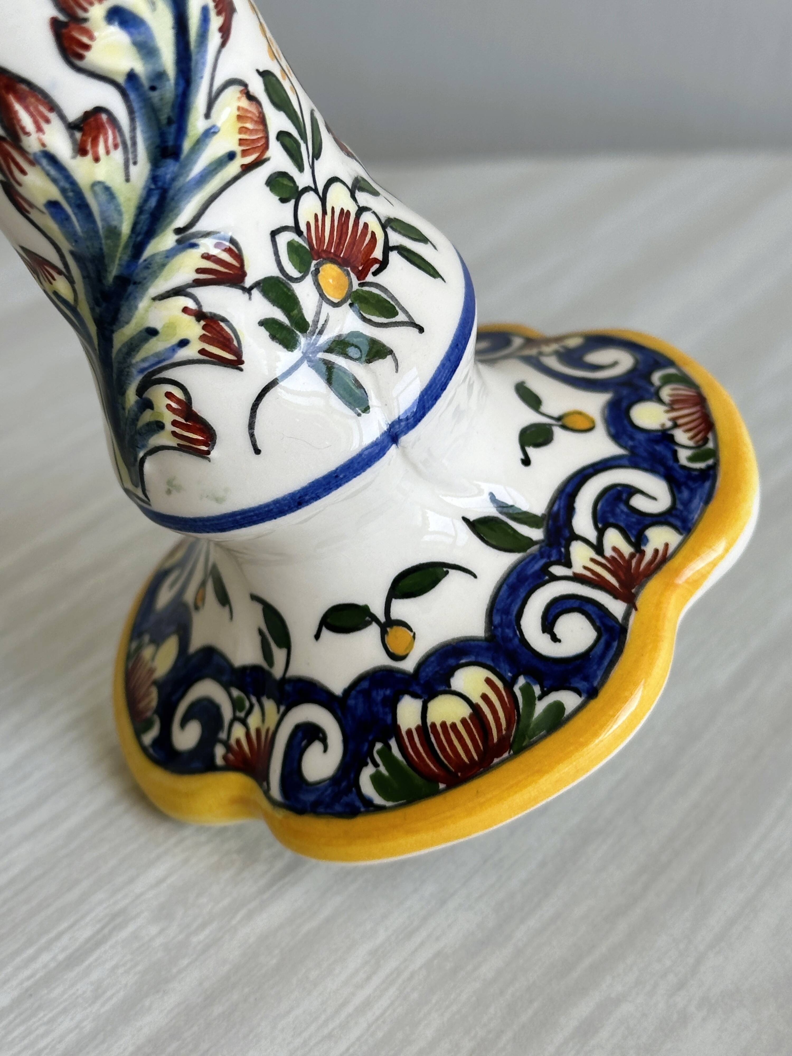 Desvres earthenware candle holder, hand-painted floral decoration.