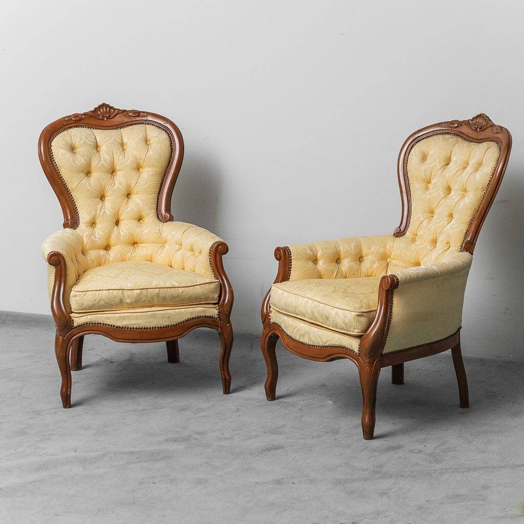 Coppia di poltrone stile luigi filippo legno tessuto giallo xix