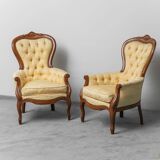 Coppia di poltrone stile luigi filippo legno tessuto giallo xix