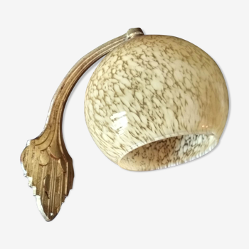Art deco sconce, golden brass and yellow speckled Clichy glass globe