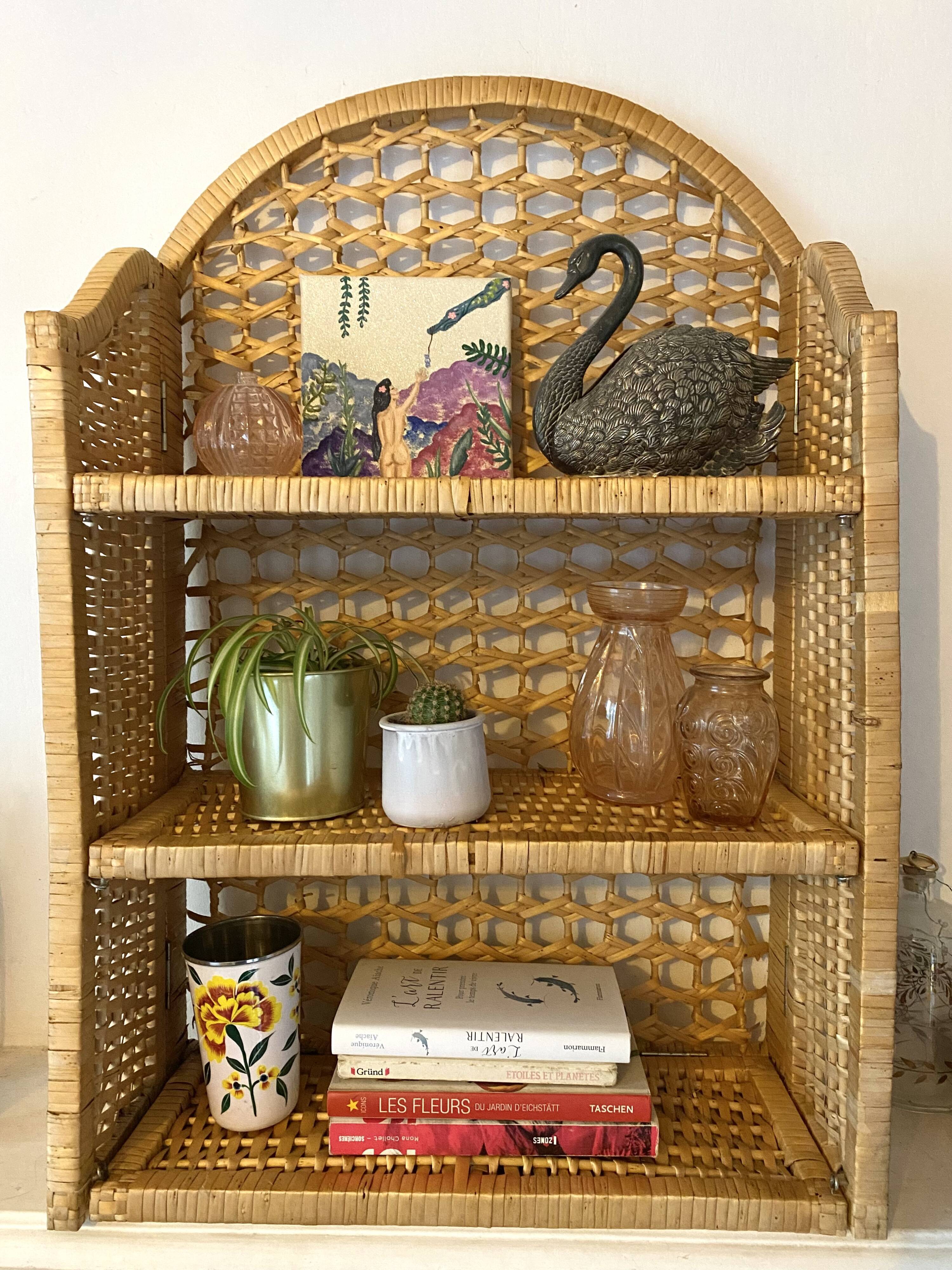 Vintage rattan and bamboo shelves