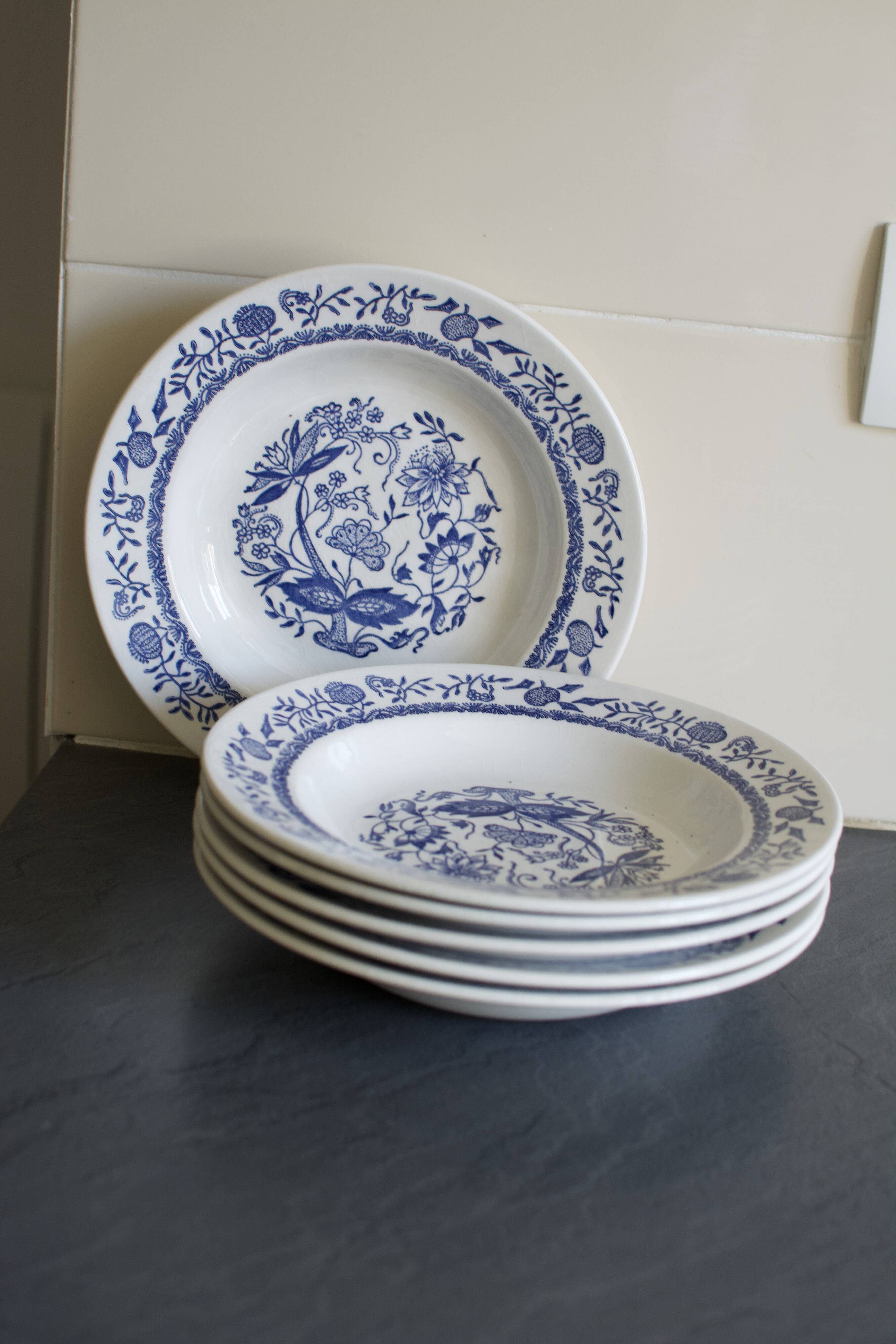 6 Assiettes creuses céramique blanche bleue