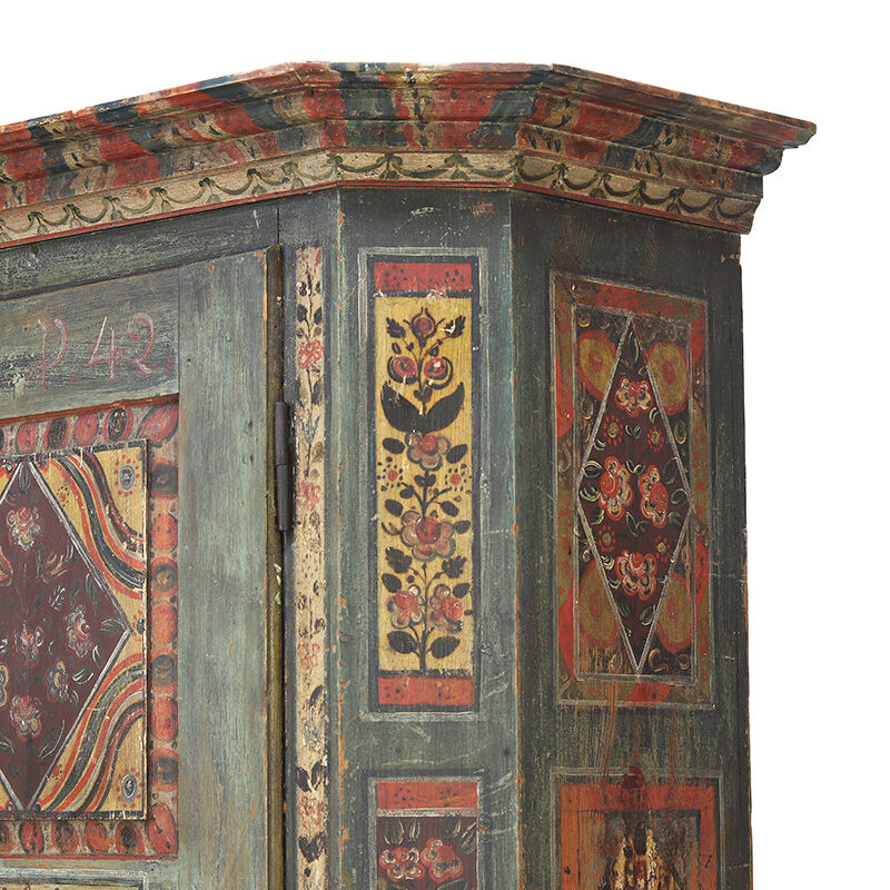 Antique Rustic Farmhouse Folk Art Painted Bridal Cabinet 1842