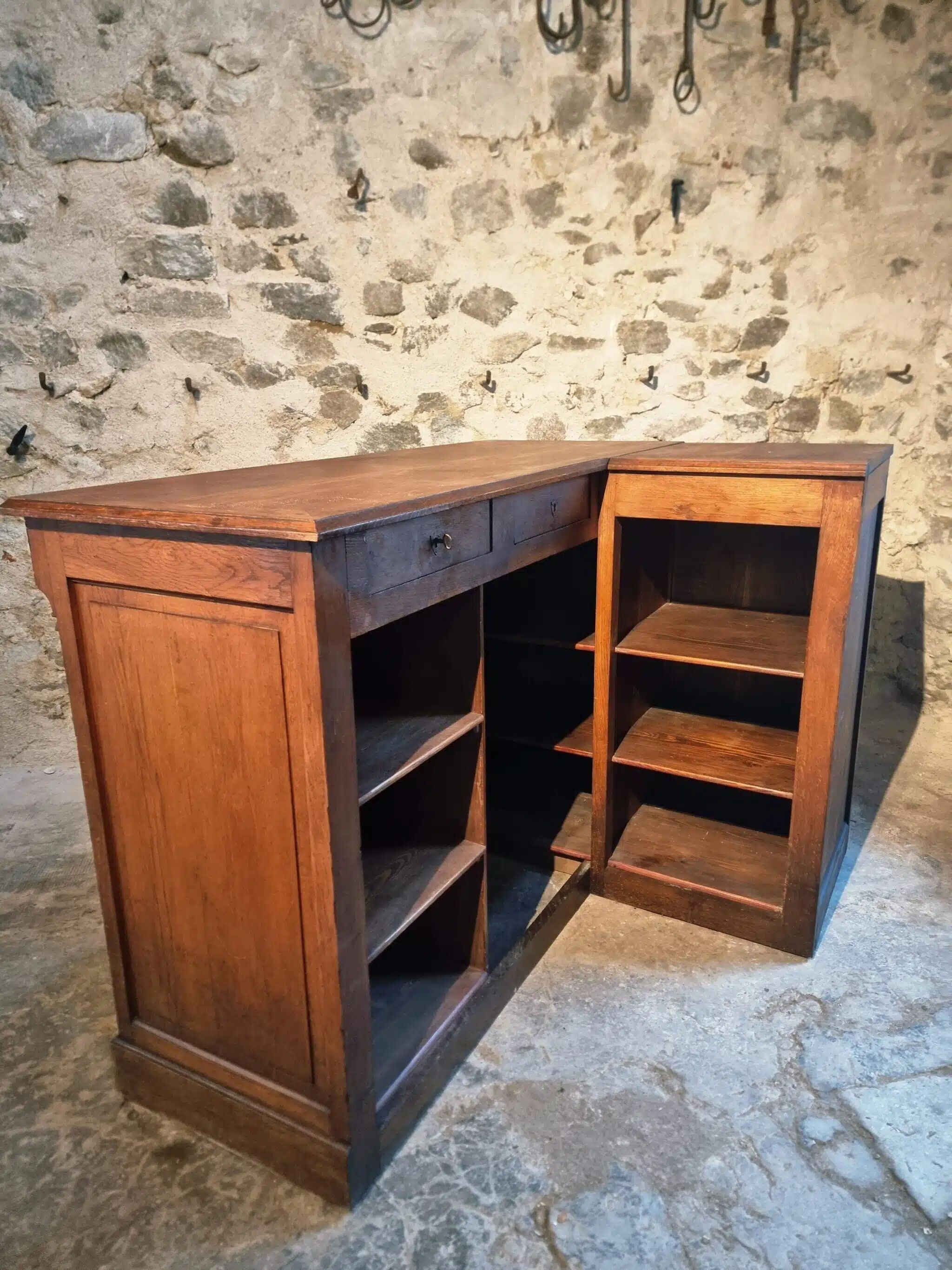 Antique French oak counter / shop counter (early 1900s)