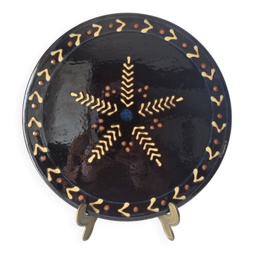Rare plat ceramique noir biot estampille vintage 1960 étoile 30 cm