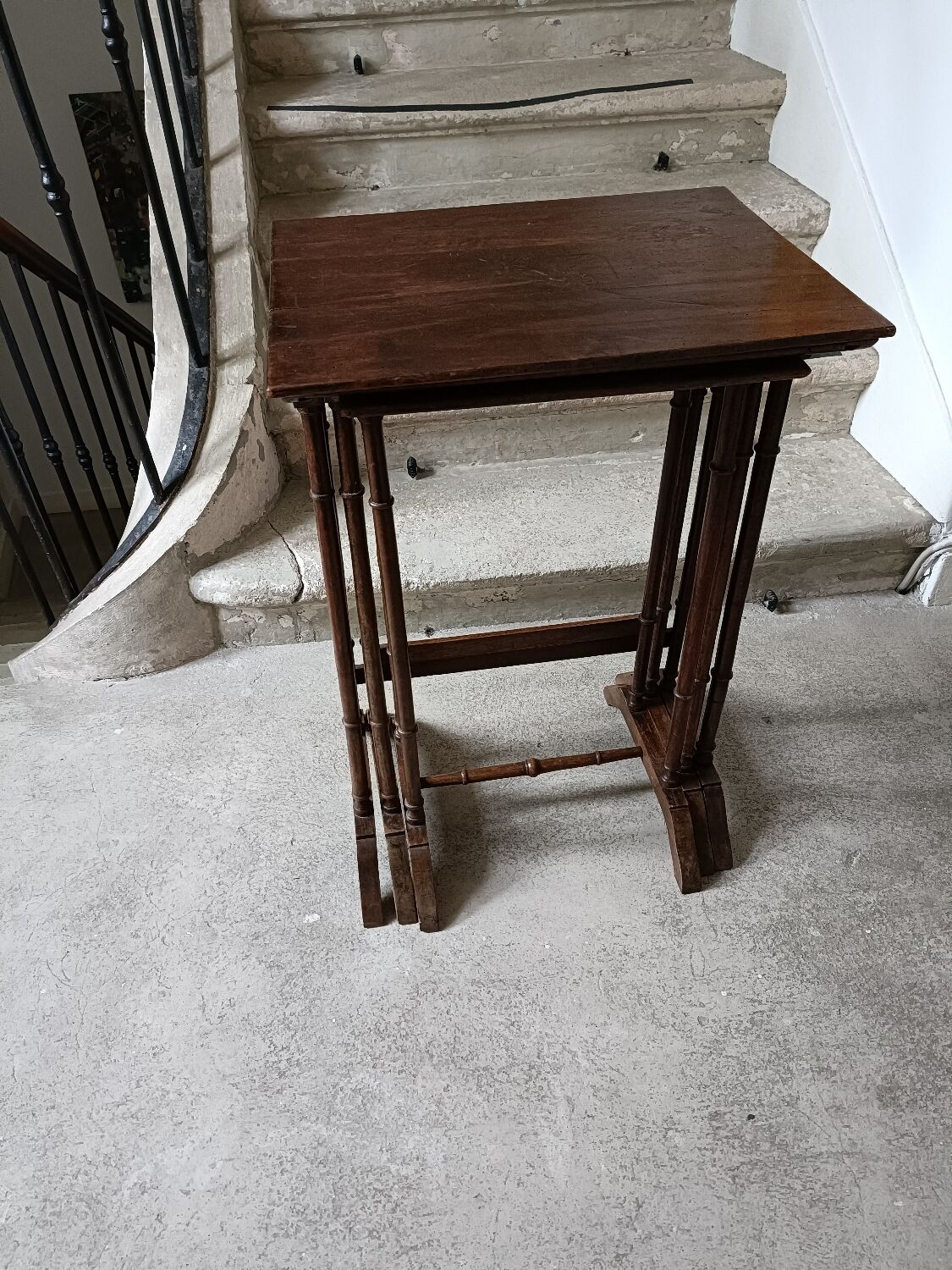 Stackable tables with pyrography.