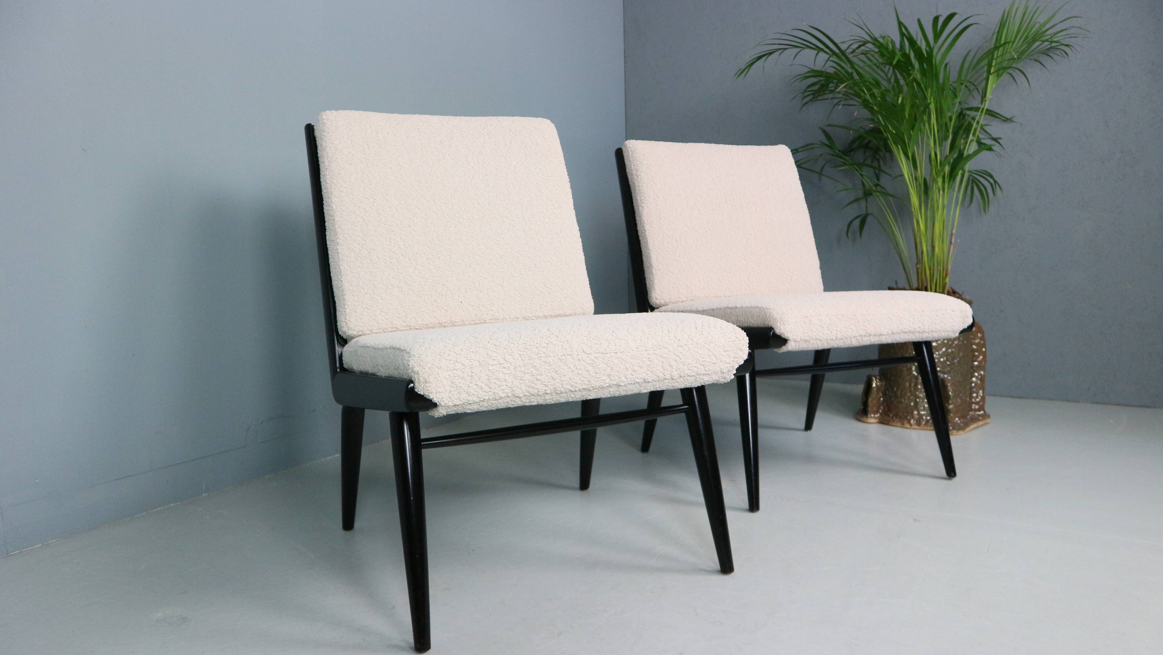 2x 'boomerang' h. mitzlaff, e. schmidt for soloform, bouclé lounge chairs, 1953